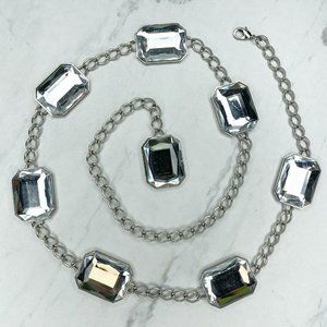 Silver Tone Clear Rhinestone Gemstone Chain Belt